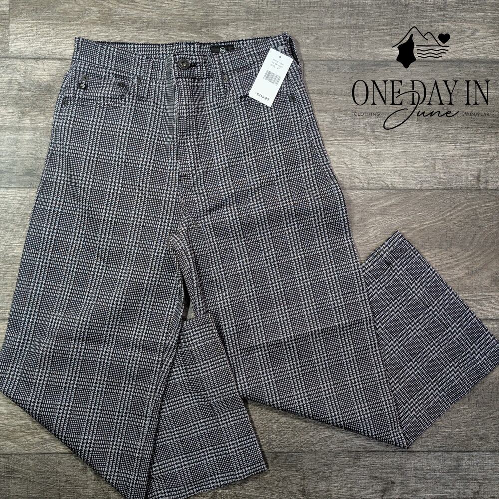 AG Adriano Goldschmied High Rise Wide Leg Crop Pants Plaid Gray NWT $215 Size 4